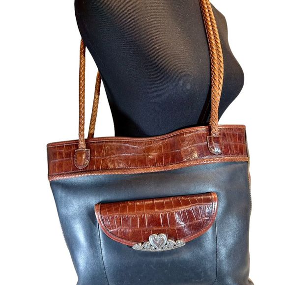 Brighton 80's Leather Shoulder Bag Black/Brown Braided Handles, silver metal - Picture 6 of 12